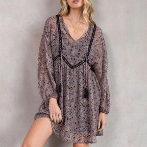 Black/Orchid Bohemian Mini Dress Long Sleeves Size Medium